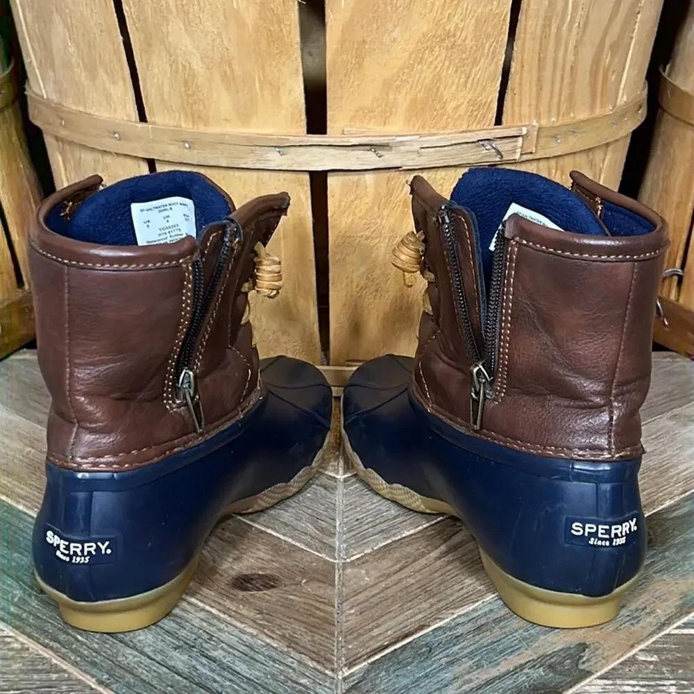 Sperry Saltwater Navy Brown Leather Rubber Waterproof Duck Boots Girls Size 5